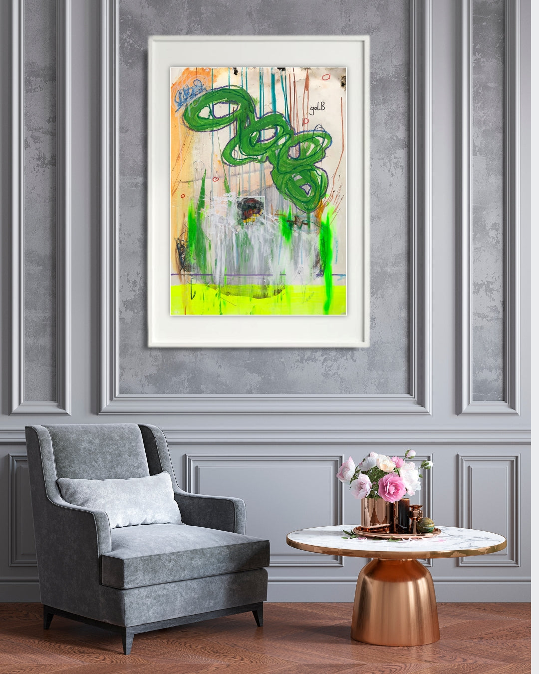 BLOG REVERSED 04 von Jens Joneleit, Mixed‑Media‑Unikat auf Papier 70 × 50 cm; grüner, schleifenförmiger Formzug mit dunkler Kontur, Neon‑grüne Drips, gelbes Unterband, violette Linie, kleines Collage‑Fragment | ARTSPACER