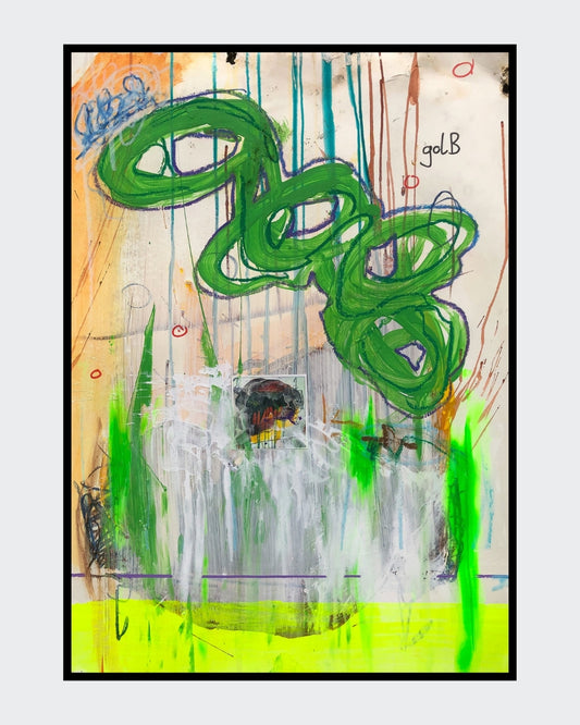 BLOG REVERSED 04 von Jens Joneleit, Mixed‑Media‑Unikat auf Papier 70 × 50 cm; grüner, schleifenförmiger Formzug mit dunkler Kontur, Neon‑grüne Drips, gelbes Unterband, violette Linie, kleines Collage‑Fragment | ARTSPACER