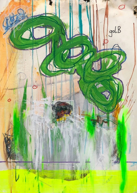 BLOG REVERSED 04 von Jens Joneleit, Mixed‑Media‑Unikat auf Papier 70 × 50 cm; grüner, schleifenförmiger Formzug mit dunkler Kontur, Neon‑grüne Drips, gelbes Unterband, violette Linie, kleines Collage‑Fragment | ARTSPACER