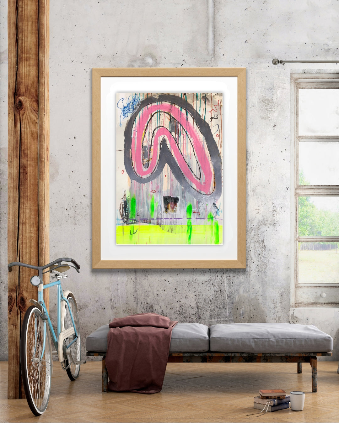 BLOG REVERSED 05 von Jens Joneleit, Mixed‑Media‑Unikat auf Papier 70 × 50 cm; rosa Formzug mit dunkler Kontur, Neon‑grüne Drips, gelbes Unterband, kleines Collage‑Feld | ARTSPACER