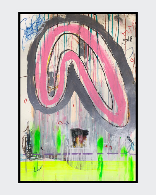 BLOG REVERSED 05 von Jens Joneleit, Mixed‑Media‑Unikat auf Papier 70 × 50 cm; rosa Formzug mit dunkler Kontur, Neon‑grüne Drips, gelbes Unterband, kleines Collage‑Feld | ARTSPACER