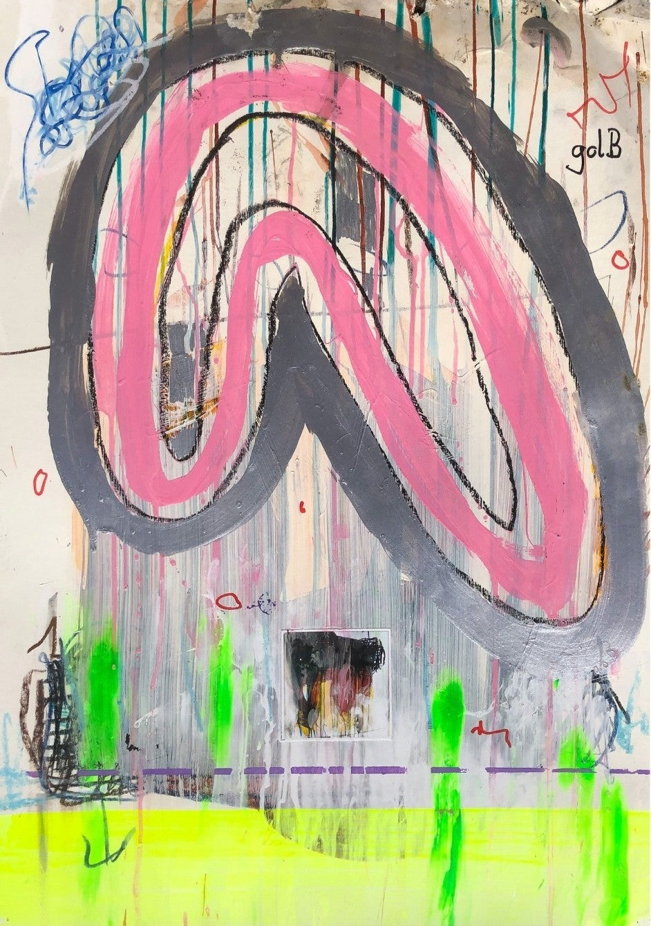 BLOG REVERSED 05 von Jens Joneleit, Mixed‑Media‑Unikat auf Papier 70 × 50 cm; rosa Formzug mit dunkler Kontur, Neon‑grüne Drips, gelbes Unterband, kleines Collage‑Feld | ARTSPACER