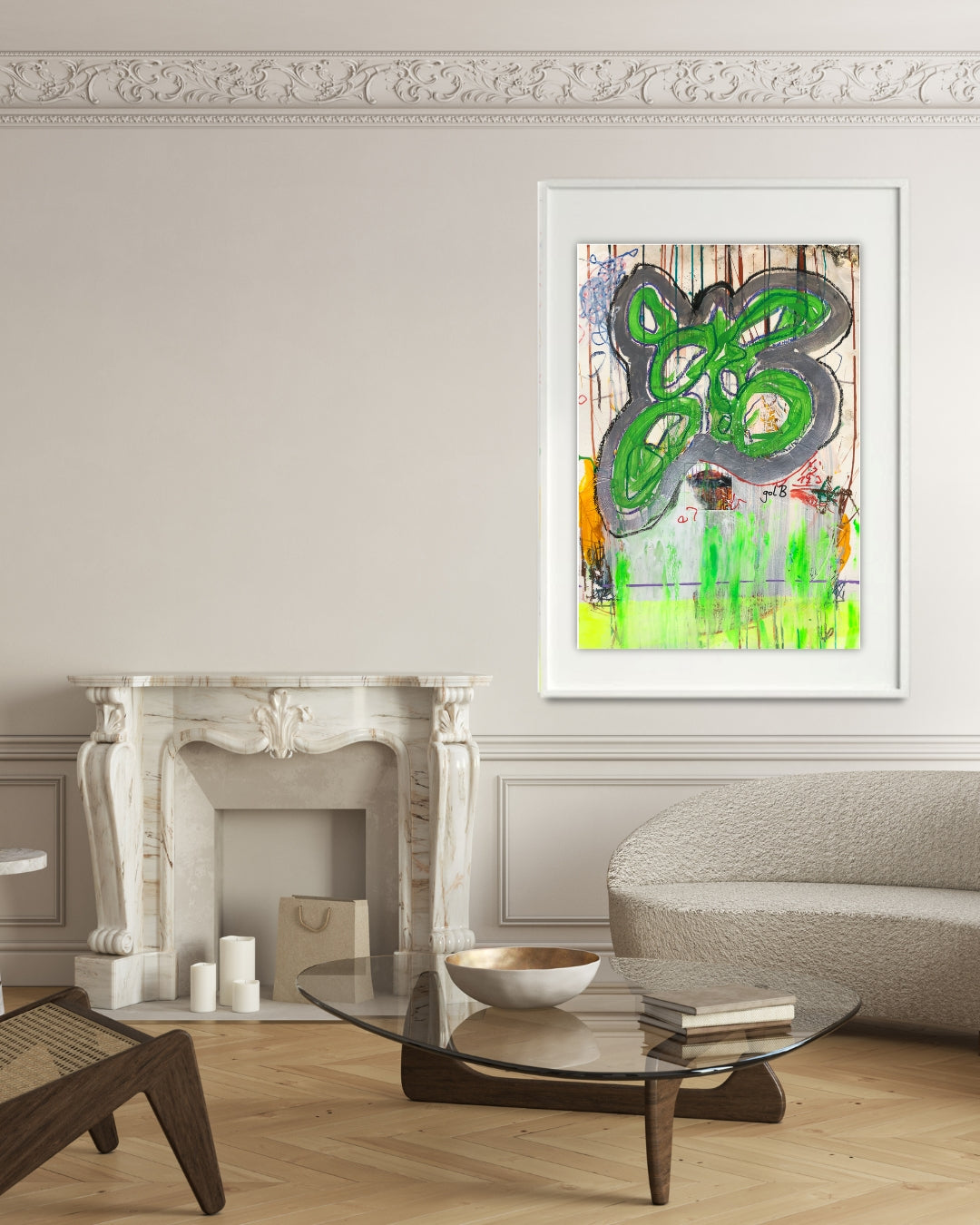 BLOG REVERSED 06 von Jens Joneleit, Mixed‑Media‑Unikat auf Papier 70 × 50 cm; gestische grüne Formfigur mit grauer Einfassung, Schichtungen/Notationen, neon‑grüne Läufe, orangefarbene Akzente | ARTSPACER