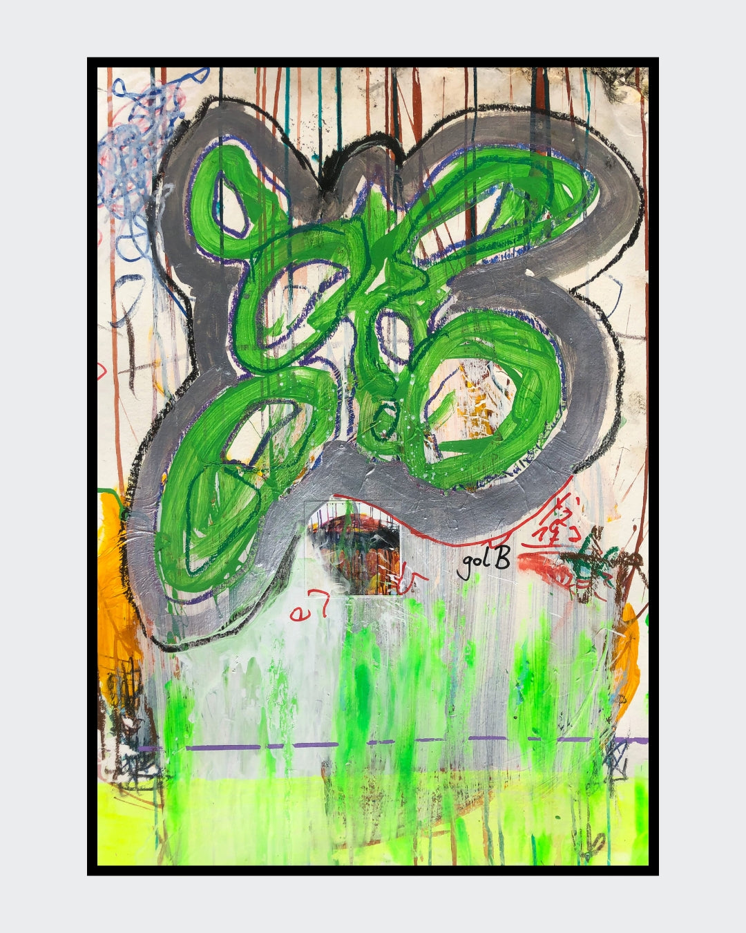 BLOG REVERSED 06 von Jens Joneleit, Mixed‑Media‑Unikat auf Papier 70 × 50 cm; gestische grüne Formfigur mit grauer Einfassung, Schichtungen/Notationen, neon‑grüne Läufe, orangefarbene Akzente | ARTSPACER