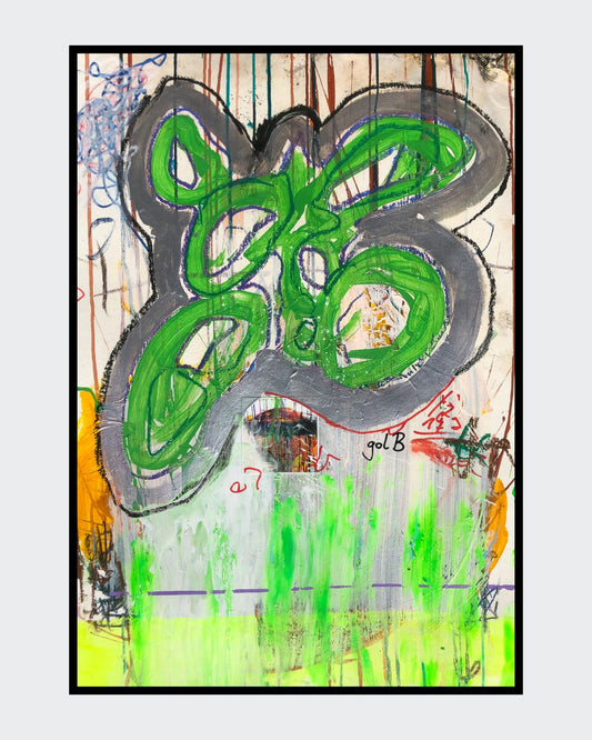 BLOG REVERSED 06 von Jens Joneleit, Mixed‑Media‑Unikat auf Papier 70 × 50 cm; gestische grüne Formfigur mit grauer Einfassung, Schichtungen/Notationen, neon‑grüne Läufe, orangefarbene Akzente | ARTSPACER