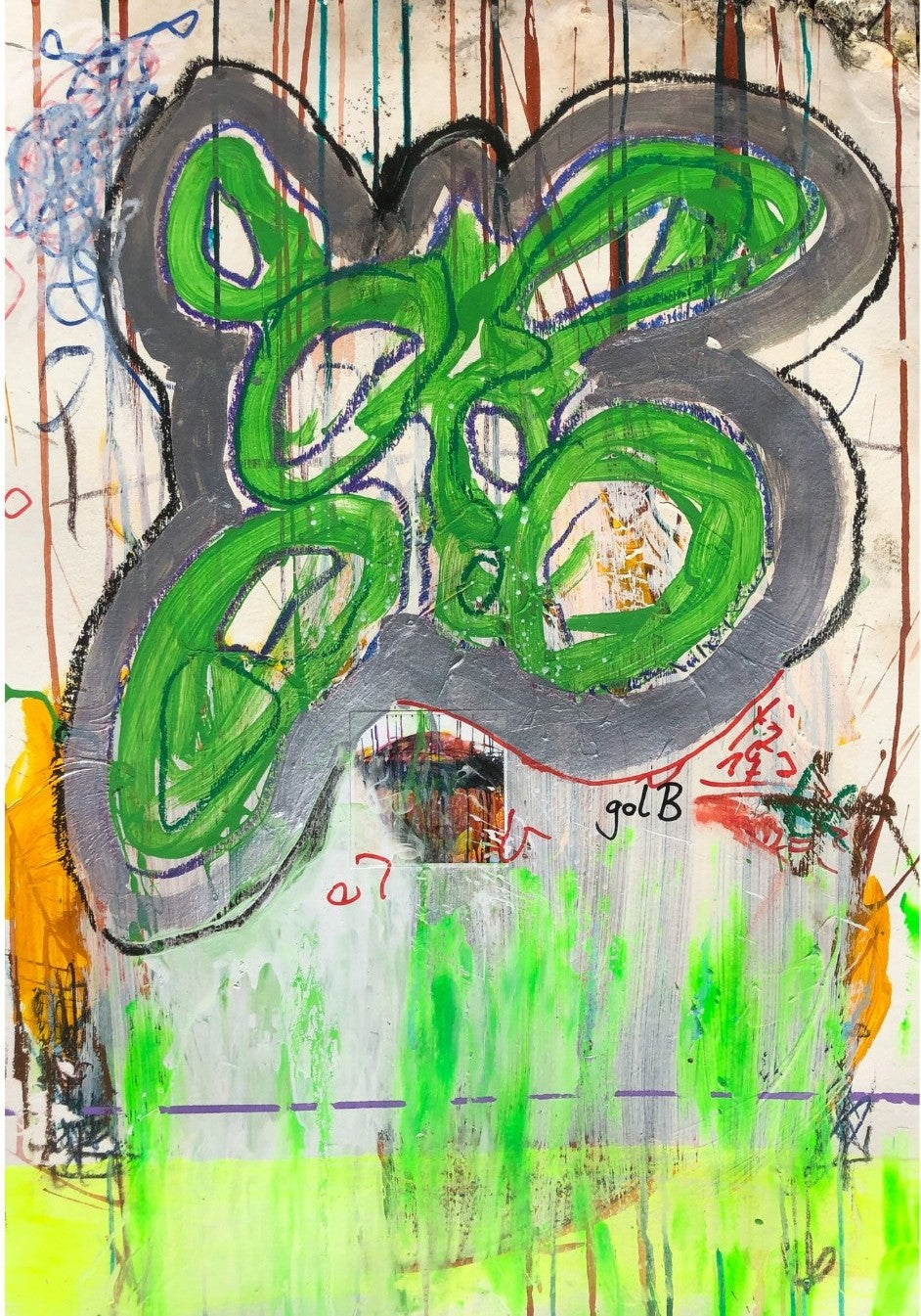 BLOG REVERSED 06 von Jens Joneleit, Mixed‑Media‑Unikat auf Papier 70 × 50 cm; gestische grüne Formfigur mit grauer Einfassung, Schichtungen/Notationen, neon‑grüne Läufe, orangefarbene Akzente | ARTSPACER