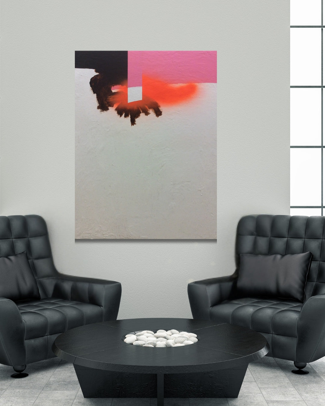 CWM 1 von Jens Joneleit, Mixed‑Media‑Unikat auf Leinwand 120 × 100 cm; oben schwarze Horizontale mit pinkem, kantigem Einsatz und glühendem Orange; darunter großflächiges, strukturiertes Weißfeld | ARTSPACER