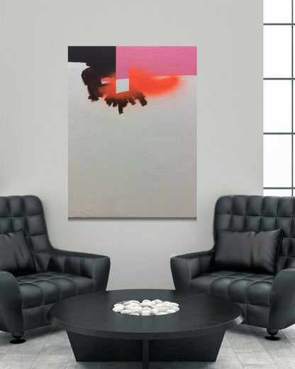 CWM 1 von Jens Joneleit, Mixed‑Media‑Unikat auf Leinwand 120 × 100 cm; oben schwarze Horizontale mit pinkem, kantigem Einsatz und glühendem Orange; darunter großflächiges, strukturiertes Weißfeld | ARTSPACER