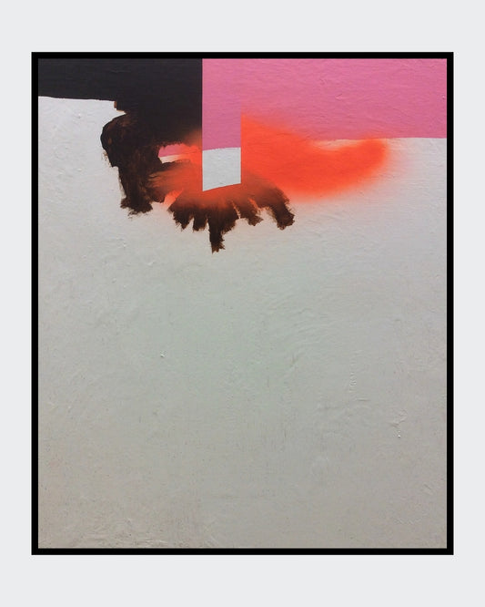 CWM 1 von Jens Joneleit, Mixed‑Media‑Unikat auf Leinwand 120 × 100 cm; oben schwarze Horizontale mit pinkem, kantigem Einsatz und glühendem Orange; darunter großflächiges, strukturiertes Weißfeld | ARTSPACER