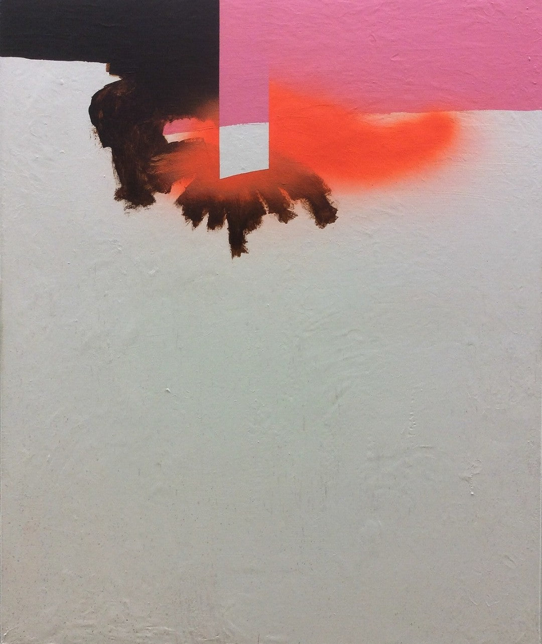 CWM 1 von Jens Joneleit, Mixed‑Media‑Unikat auf Leinwand 120 × 100 cm; oben schwarze Horizontale mit pinkem, kantigem Einsatz und glühendem Orange; darunter großflächiges, strukturiertes Weißfeld | ARTSPACER