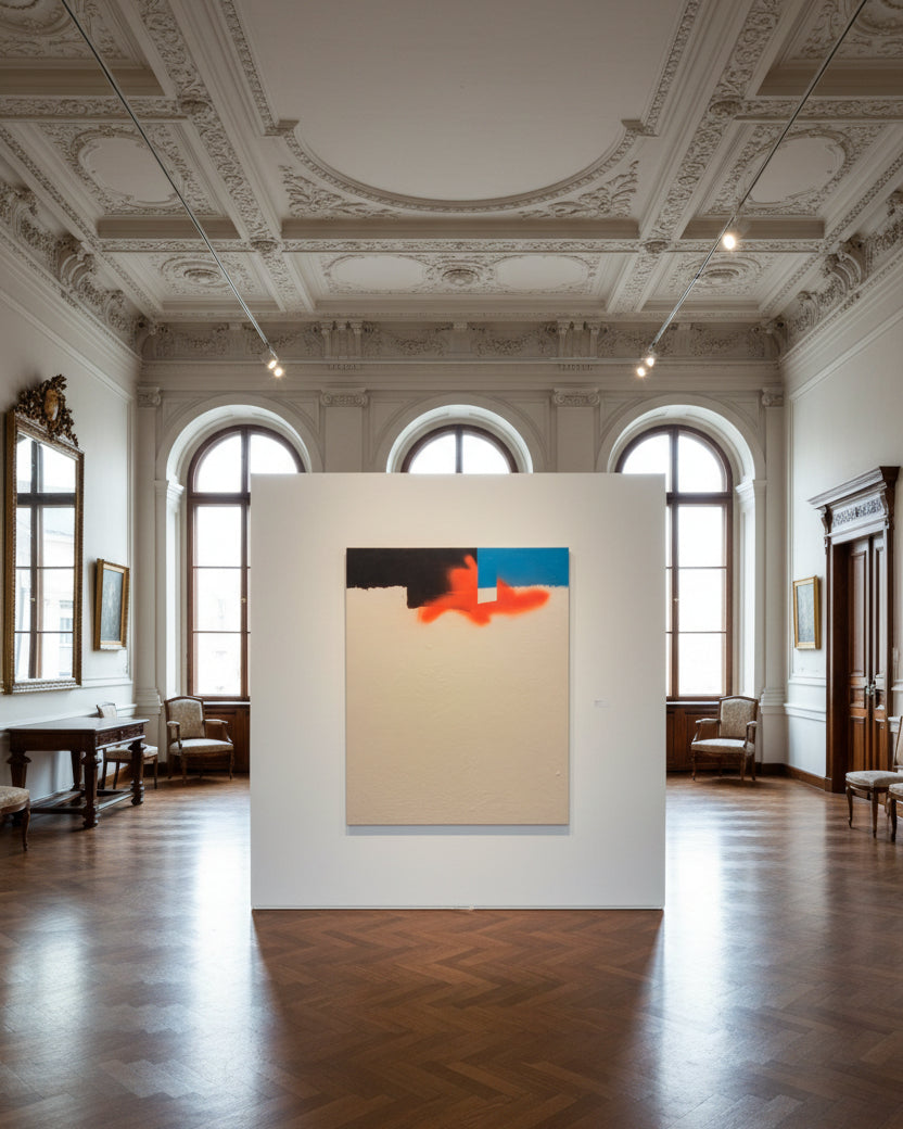CWM 2 von Jens Joneleit, Mixed‑Media‑Unikat auf Leinwand 120 × 100 cm; oben schwarze Horizontal‑Setzung mit rechts anschließendem blauem Feld und orangefarbener Glutspur; darunter großflächige, strukturierte Weißzone | ARTSPACER