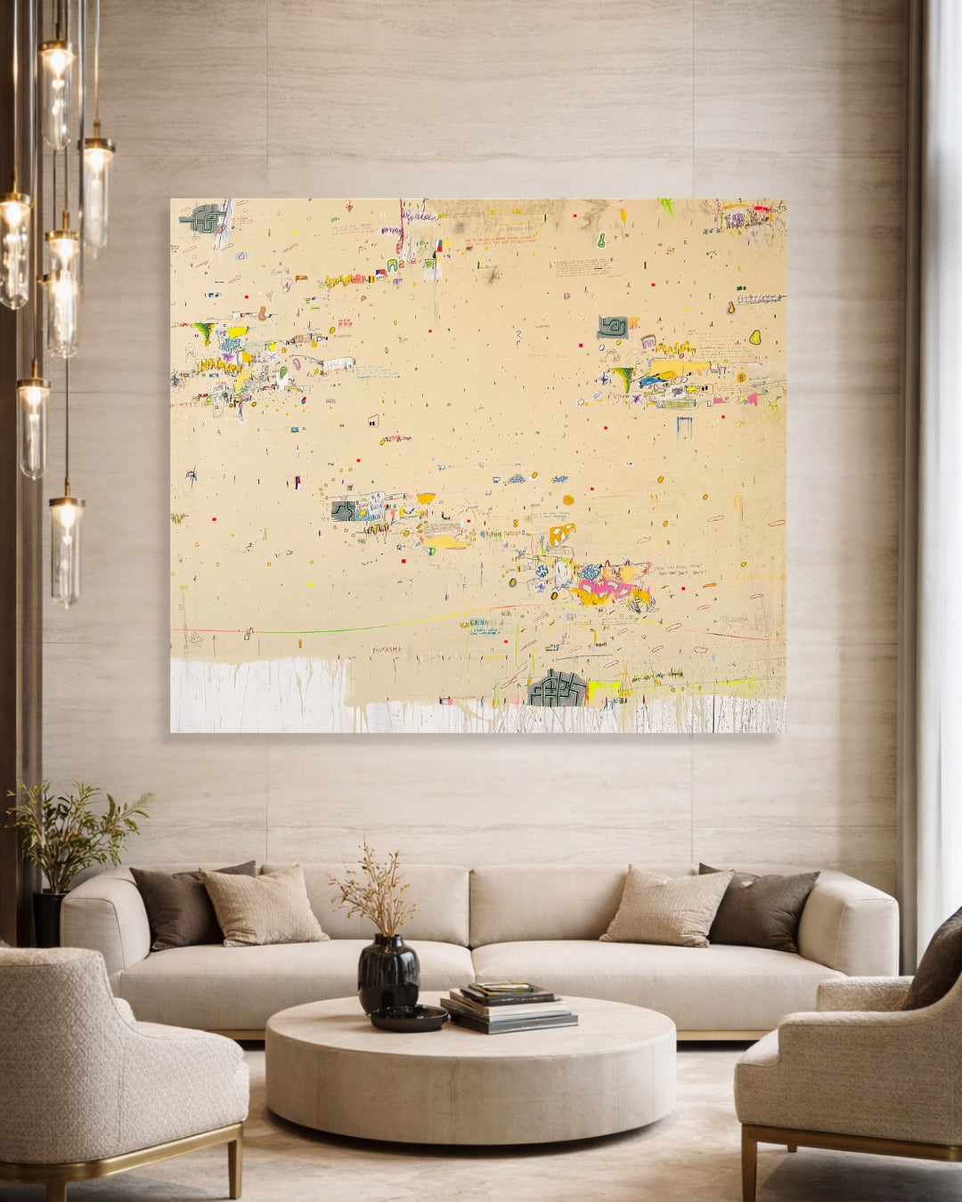 DOCUMENTA 1 von Jens Joneleit, Mixed‑Media‑Unikat auf Leinwand 185 × 230 cm; weiter, warm‑neutraler Grund mit verstreuten Mikronotationen, farbigen Mini‑Feldern, Linien und Drips; unterer Rand mit lasierendem Schleier | ARTSPACER