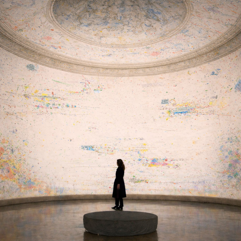 Jens Joneleit: DOCUMENTA 1 – Mixed Media auf Leinwand, 185 × 230 cm; helle Feldkomposition mit Mikro‑Notationen; Person in Galerie im Vordergrund | ARTSPACER