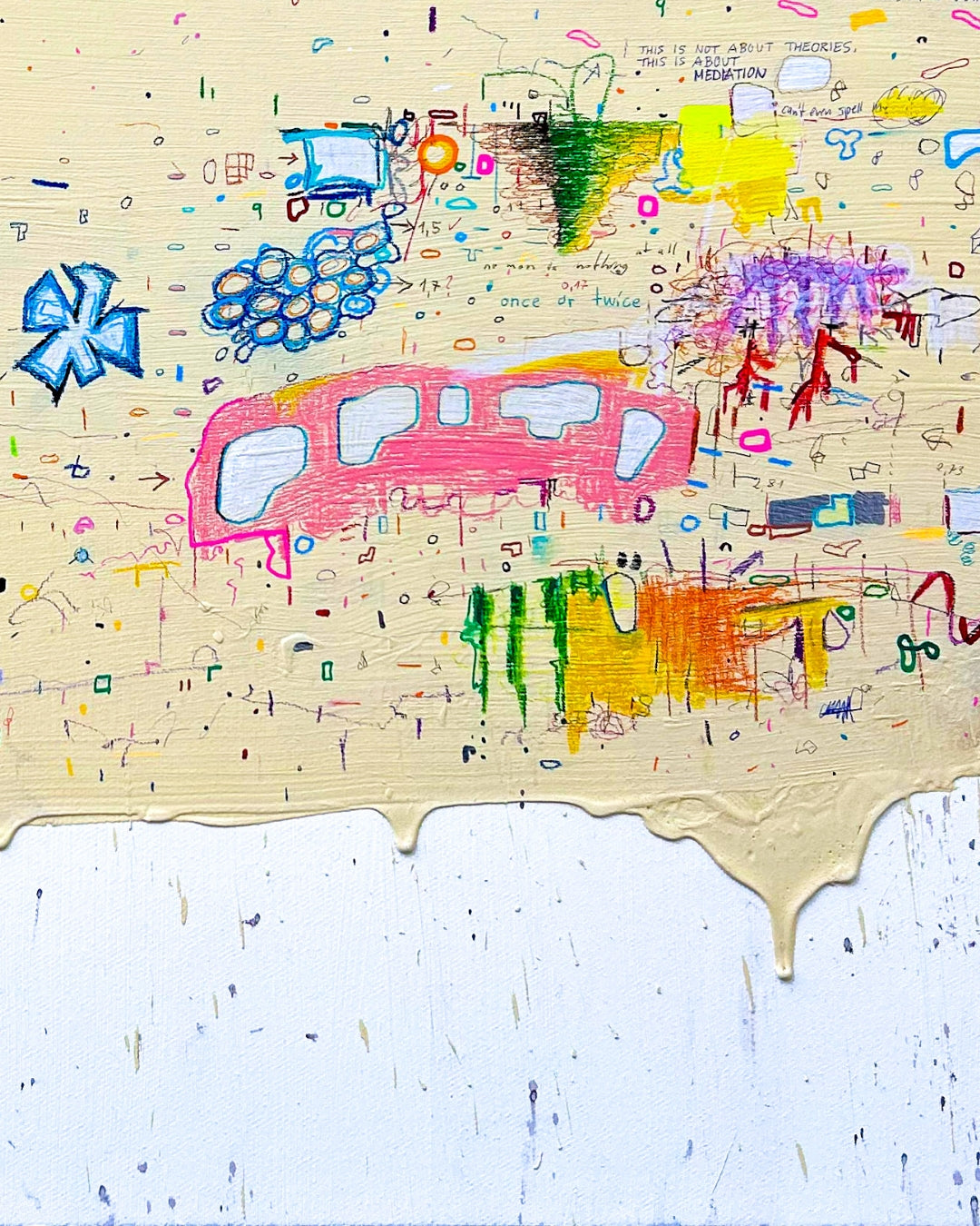 DOCUMENTA c von Jens Joneleit, Mixed‑Media‑Unikat auf Leinwand 80 × 75 cm; warm‑neutraler Grund mit verstreuten Notationen, farbigen Mini‑Feldern, Linienclustern und Drips; heller Randabschluss unten | ARTSPACER