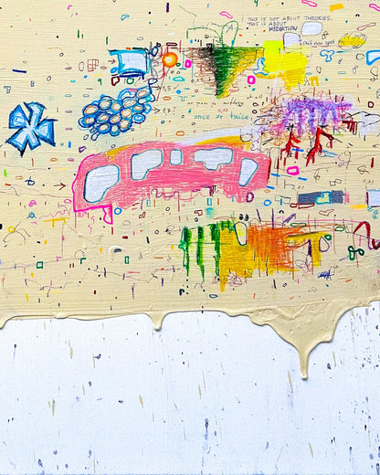 DOCUMENTA c von Jens Joneleit, Mixed‑Media‑Unikat auf Leinwand 80 × 75 cm; warm‑neutraler Grund mit verstreuten Notationen, farbigen Mini‑Feldern, Linienclustern und Drips; heller Randabschluss unten | ARTSPACER