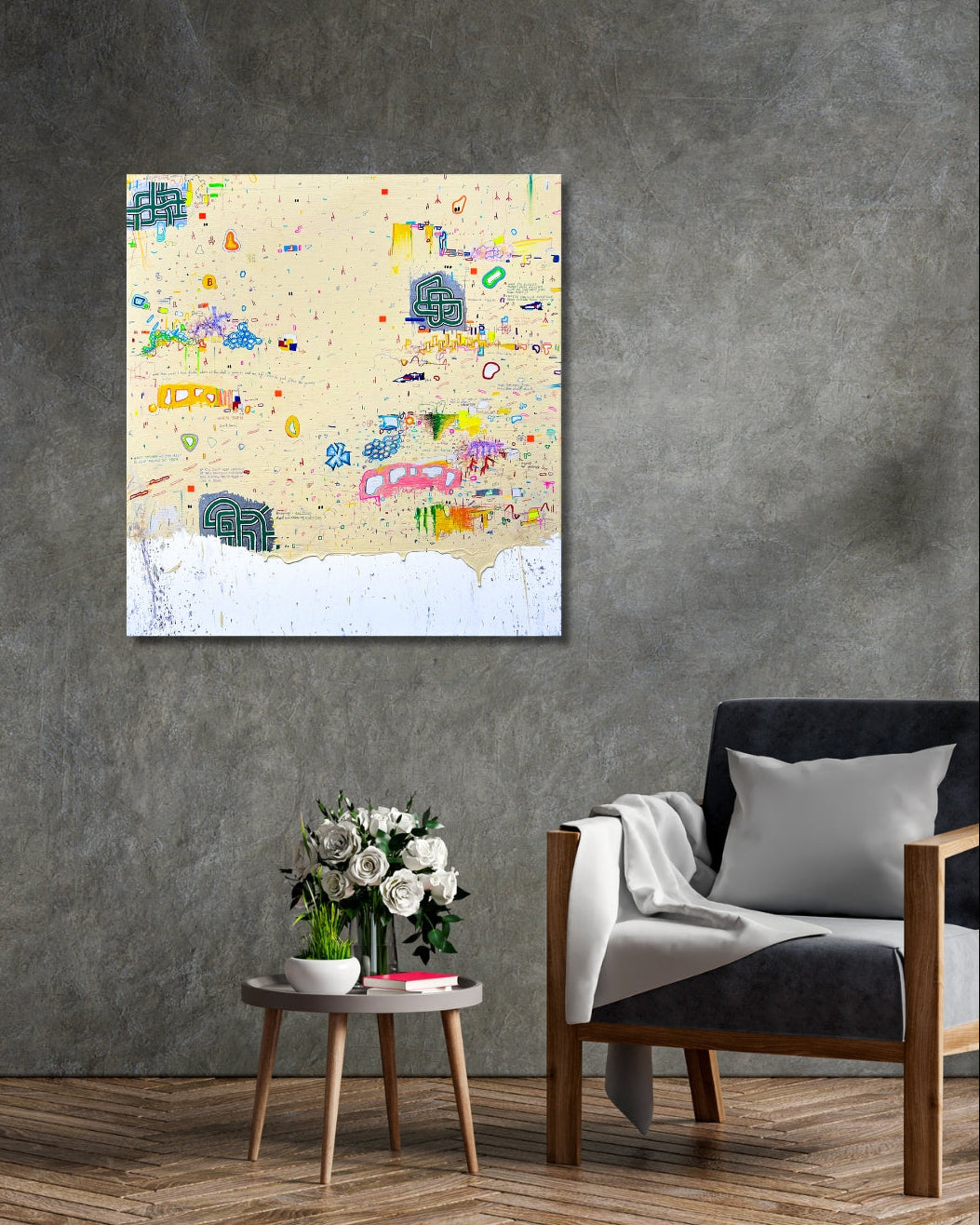 DOCUMENTA c von Jens Joneleit, Mixed‑Media‑Unikat auf Leinwand 80 × 75 cm; warm‑neutraler Grund mit verstreuten Notationen, farbigen Mini‑Feldern, Linienclustern und Drips; heller Randabschluss unten | ARTSPACER