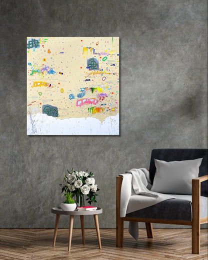 DOCUMENTA c von Jens Joneleit, Mixed‑Media‑Unikat auf Leinwand 80 × 75 cm; warm‑neutraler Grund mit verstreuten Notationen, farbigen Mini‑Feldern, Linienclustern und Drips; heller Randabschluss unten | ARTSPACER