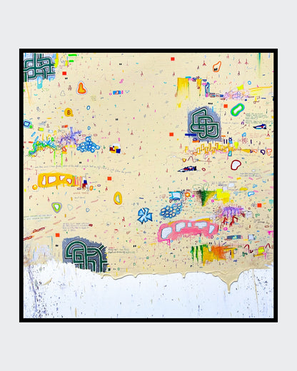 DOCUMENTA c von Jens Joneleit, Mixed‑Media‑Unikat auf Leinwand 80 × 75 cm; warm‑neutraler Grund mit verstreuten Notationen, farbigen Mini‑Feldern, Linienclustern und Drips; heller Randabschluss unten | ARTSPACER