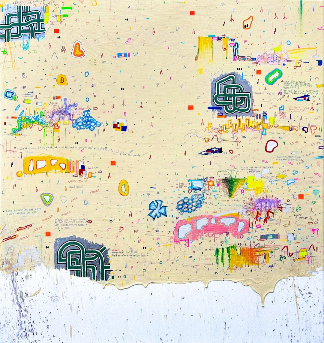 DOCUMENTA c von Jens Joneleit, Mixed‑Media‑Unikat auf Leinwand 80 × 75 cm; warm‑neutraler Grund mit verstreuten Notationen, farbigen Mini‑Feldern, Linienclustern und Drips; heller Randabschluss unten | ARTSPACER