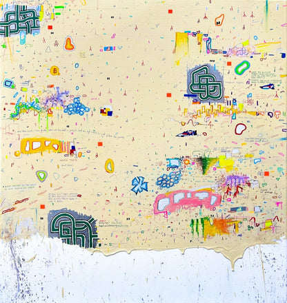 DOCUMENTA c von Jens Joneleit, Mixed‑Media‑Unikat auf Leinwand 80 × 75 cm; warm‑neutraler Grund mit verstreuten Notationen, farbigen Mini‑Feldern, Linienclustern und Drips; heller Randabschluss unten | ARTSPACER