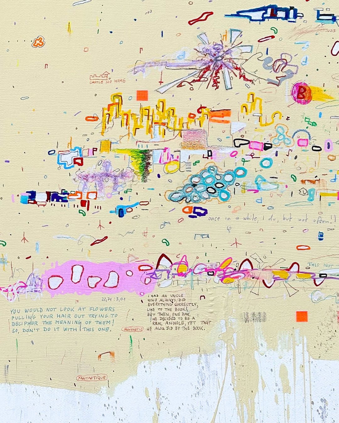 DOCUMENTA d von Jens Joneleit, Mixed‑Media‑Unikat auf Leinwand 80 × 75 cm; warm‑neutrales Feld mit verstreuten Notationen, Linien, Farbzeichen und Drips | ARTSPACER