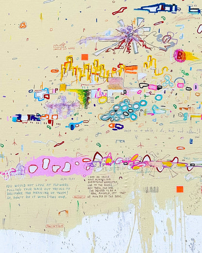 DOCUMENTA d von Jens Joneleit, Mixed‑Media‑Unikat auf Leinwand 80 × 75 cm; warm‑neutrales Feld mit verstreuten Notationen, Linien, Farbzeichen und Drips | ARTSPACER