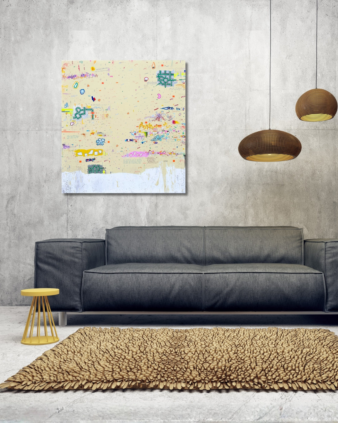 DOCUMENTA d von Jens Joneleit, Mixed‑Media‑Unikat auf Leinwand 80 × 75 cm; warm‑neutrales Feld mit verstreuten Notationen, Linien, Farbzeichen und Drips | ARTSPACER