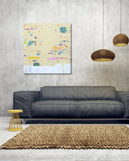 DOCUMENTA d von Jens Joneleit, Mixed‑Media‑Unikat auf Leinwand 80 × 75 cm; warm‑neutrales Feld mit verstreuten Notationen, Linien, Farbzeichen und Drips | ARTSPACER