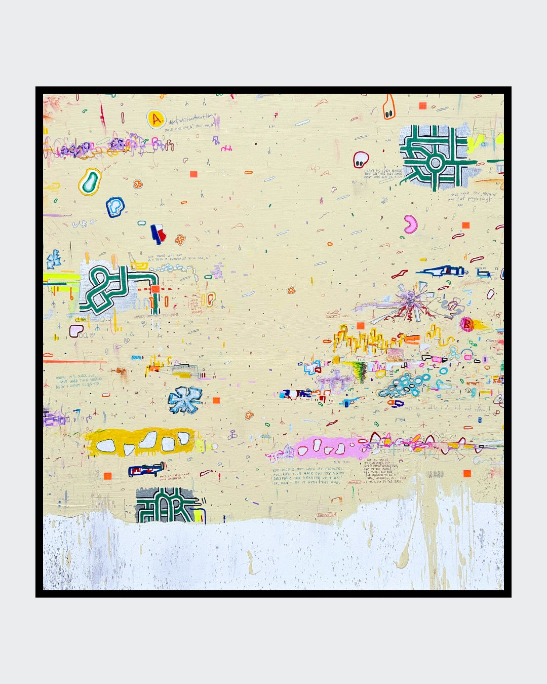 DOCUMENTA d von Jens Joneleit, Mixed‑Media‑Unikat auf Leinwand 80 × 75 cm; warm‑neutrales Feld mit verstreuten Notationen, Linien, Farbzeichen und Drips | ARTSPACER