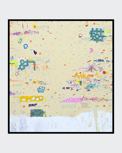 DOCUMENTA d von Jens Joneleit, Mixed‑Media‑Unikat auf Leinwand 80 × 75 cm; warm‑neutrales Feld mit verstreuten Notationen, Linien, Farbzeichen und Drips | ARTSPACER