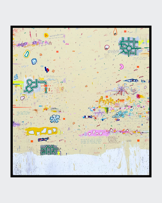 DOCUMENTA d von Jens Joneleit, Mixed‑Media‑Unikat auf Leinwand 80 × 75 cm; warm‑neutrales Feld mit verstreuten Notationen, Linien, Farbzeichen und Drips | ARTSPACER