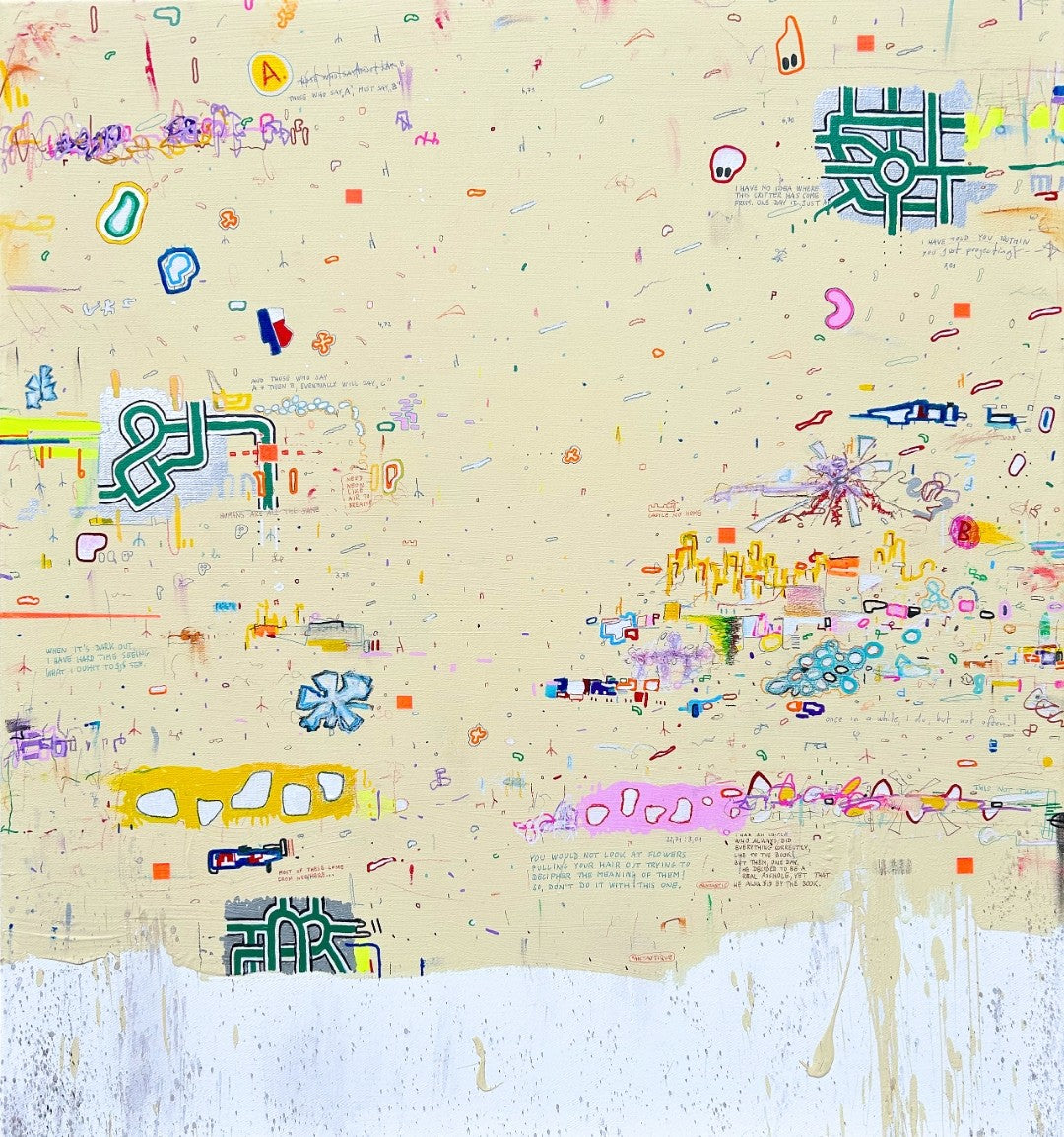 DOCUMENTA d von Jens Joneleit, Mixed‑Media‑Unikat auf Leinwand 80 × 75 cm; warm‑neutrales Feld mit verstreuten Notationen, Linien, Farbzeichen und Drips | ARTSPACER