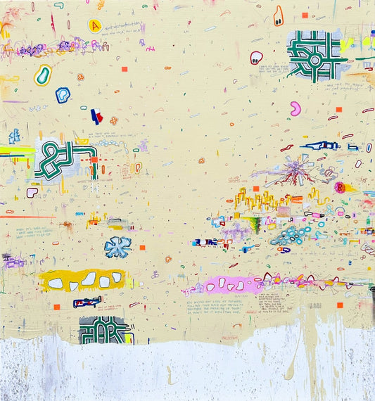 DOCUMENTA d von Jens Joneleit, Mixed‑Media‑Unikat auf Leinwand 80 × 75 cm; warm‑neutrales Feld mit verstreuten Notationen, Linien, Farbzeichen und Drips | ARTSPACER