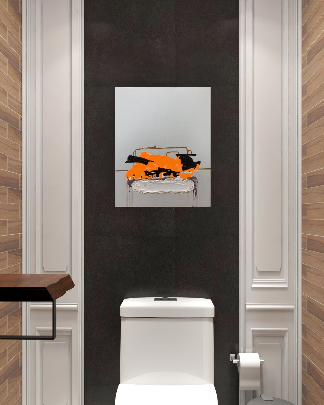 FERAL GRAVITY 01 von Jens Joneleit, Mixed‑Media‑Unikat auf Leinwand 50 × 40 cm; neonorange Form auf hellgrau, schwarze Akzente, rote Linien, lavendelfarbenes Oval mit violetten Läufen | ARTSPACER