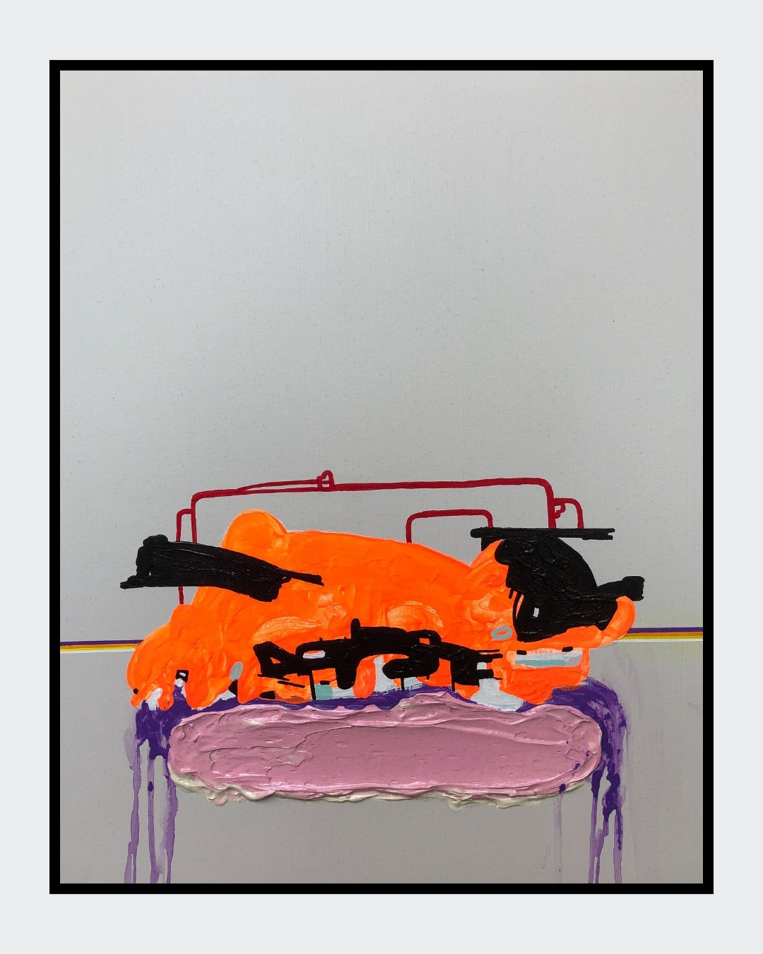 FERAL GRAVITY 01 von Jens Joneleit, Mixed‑Media‑Unikat auf Leinwand 50 × 40 cm; neonorange Form auf hellgrau, schwarze Akzente, rote Linien, lavendelfarbenes Oval mit violetten Läufen | ARTSPACER