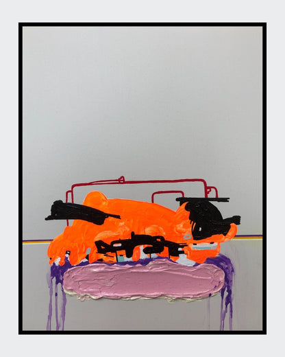 FERAL GRAVITY 01 von Jens Joneleit, Mixed‑Media‑Unikat auf Leinwand 50 × 40 cm; neonorange Form auf hellgrau, schwarze Akzente, rote Linien, lavendelfarbenes Oval mit violetten Läufen | ARTSPACER