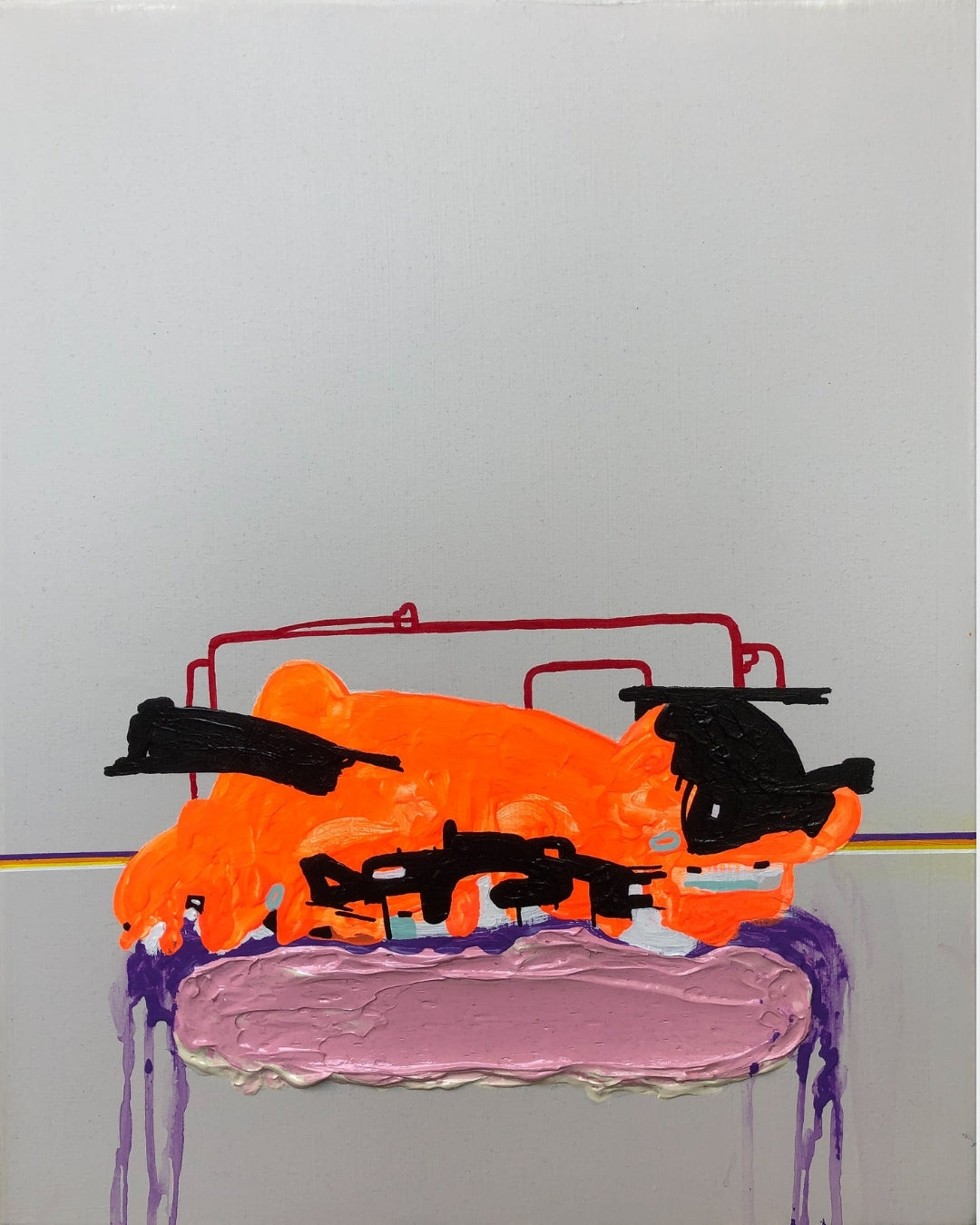 FERAL GRAVITY 01 von Jens Joneleit, Mixed‑Media‑Unikat auf Leinwand 50 × 40 cm; neonorange Form auf hellgrau, schwarze Akzente, rote Linien, lavendelfarbenes Oval mit violetten Läufen | ARTSPACER