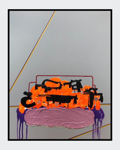 FERAL GRAVITY 04 von Jens Joneleit, Mixed‑Media‑Unikat auf Leinwand 50 × 40 cm; neonoranger Farbkörper auf hellgrau, schwarze Gesten, rote Konturen, lavendelfarbenes Oval mit violetten Tropfspuren, diagonale gelbe Linien | ARTSPACER