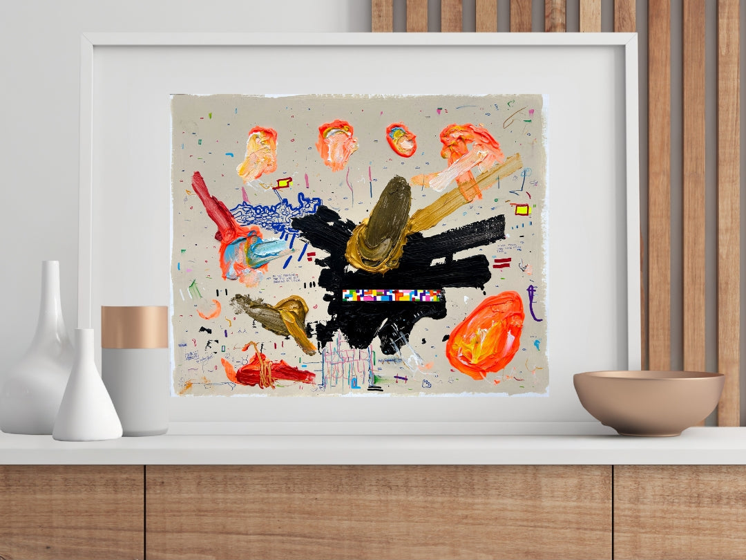 FRIEZE von Jens Joneleit, Mixed‑Media‑Unikat auf Papier 40 × 50 cm, abstrakte gestische Komposition mit dynamischen Strukturen und intensiver Farbarbeit | ARTSPACER