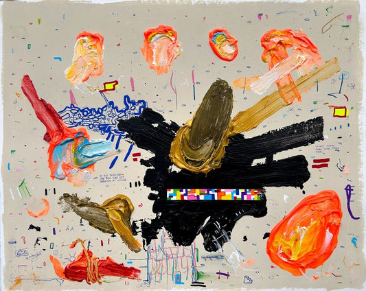 FRIEZE von Jens Joneleit, Mixed‑Media‑Unikat auf Papier 40 × 50 cm, abstrakte gestische Komposition mit dynamischen Strukturen und intensiver Farbarbeit | ARTSPACER