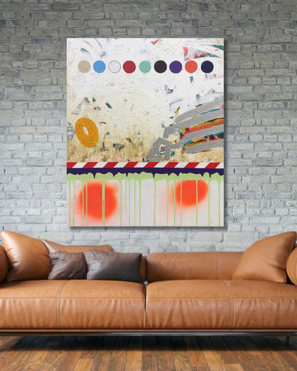 IT IS WHAT IT IS von Jens Joneleit, Mixed‑Media‑Unikat auf Leinwand 120 × 100 cm; obere Reihe runder Farbfelder, darunter impastige Fläche mit grauen Bahn‑Setzungen; rot‑weißes Schwellenband, grüne Drips, zwei orangefarbene Glow‑Zonen | ARTSPACER