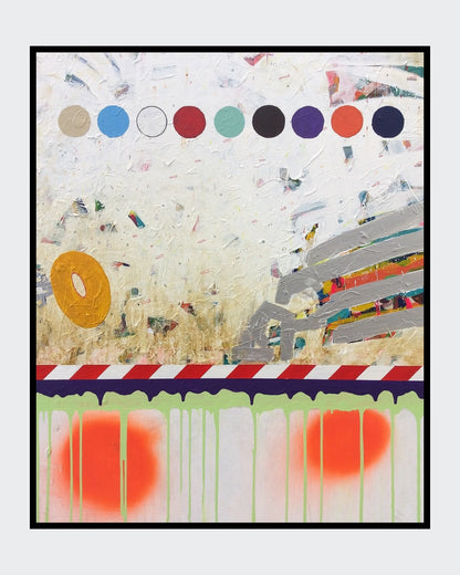 IT IS WHAT IT IS von Jens Joneleit, Mixed‑Media‑Unikat auf Leinwand 120 × 100 cm; obere Reihe runder Farbfelder, darunter impastige Fläche mit grauen Bahn‑Setzungen; rot‑weißes Schwellenband, grüne Drips, zwei orangefarbene Glow‑Zonen | ARTSPACER