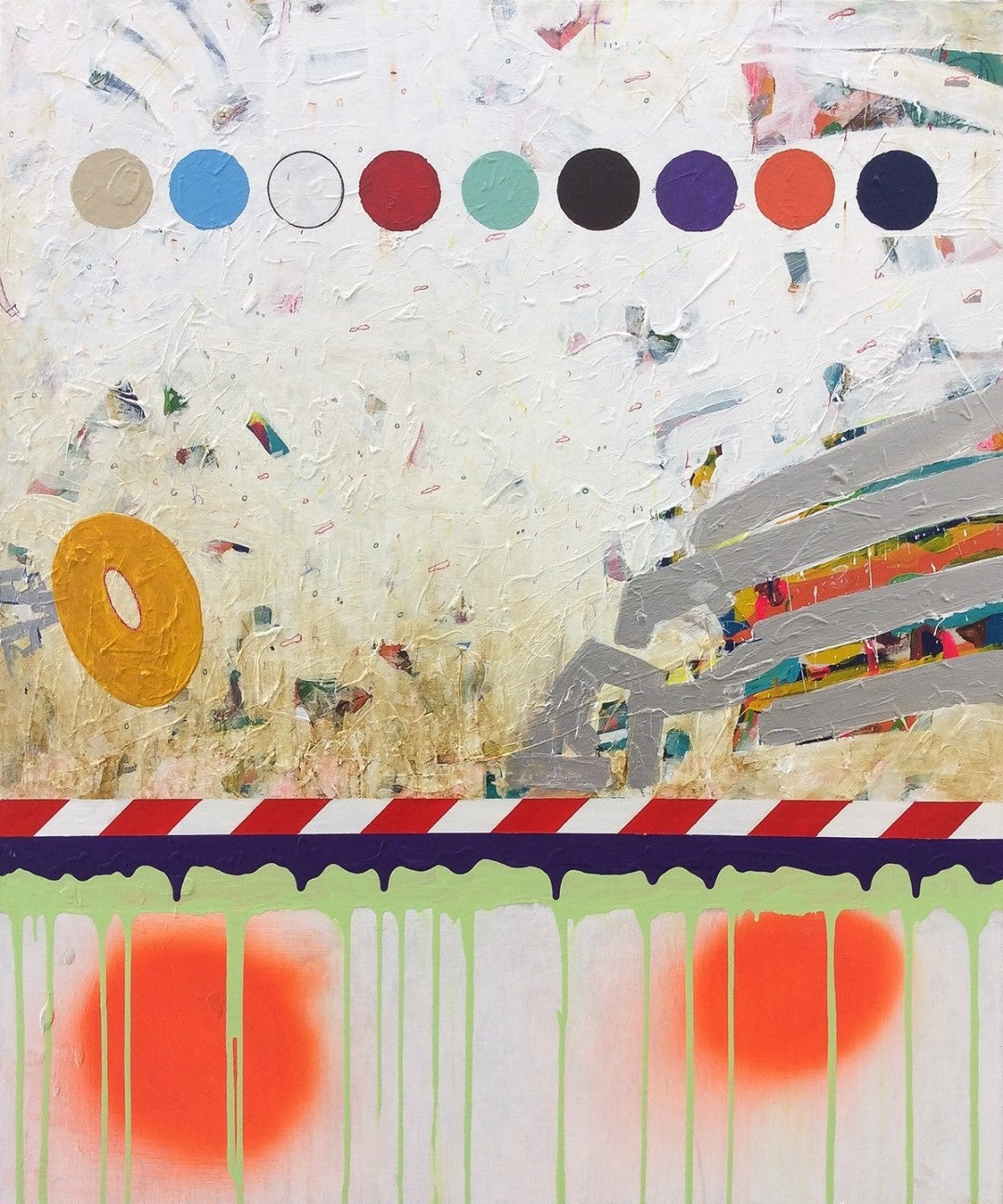 IT IS WHAT IT IS von Jens Joneleit, Mixed‑Media‑Unikat auf Leinwand 120 × 100 cm; obere Reihe runder Farbfelder, darunter impastige Fläche mit grauen Bahn‑Setzungen; rot‑weißes Schwellenband, grüne Drips, zwei orangefarbene Glow‑Zonen | ARTSPACER