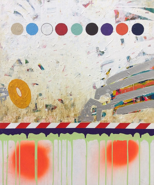 IT IS WHAT IT IS von Jens Joneleit, Mixed‑Media‑Unikat auf Leinwand 120 × 100 cm; obere Reihe runder Farbfelder, darunter impastige Fläche mit grauen Bahn‑Setzungen; rot‑weißes Schwellenband, grüne Drips, zwei orangefarbene Glow‑Zonen | ARTSPACER