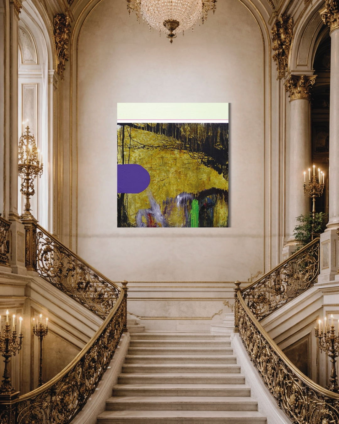 MIND RIOT 2 von Jens Joneleit, Mixed‑Media‑Unikat auf Leinwand 120 × 100 cm; oben helle, glatt gefasste Zone mit violettem Trennstrich, darunter reich texturiertes Feld in Gold‑Ocker und Schwarz; links kompakter, violetter Formkörper; unten gestische Farbbahnen in Grün, Grau und Rot | ARTSPACER