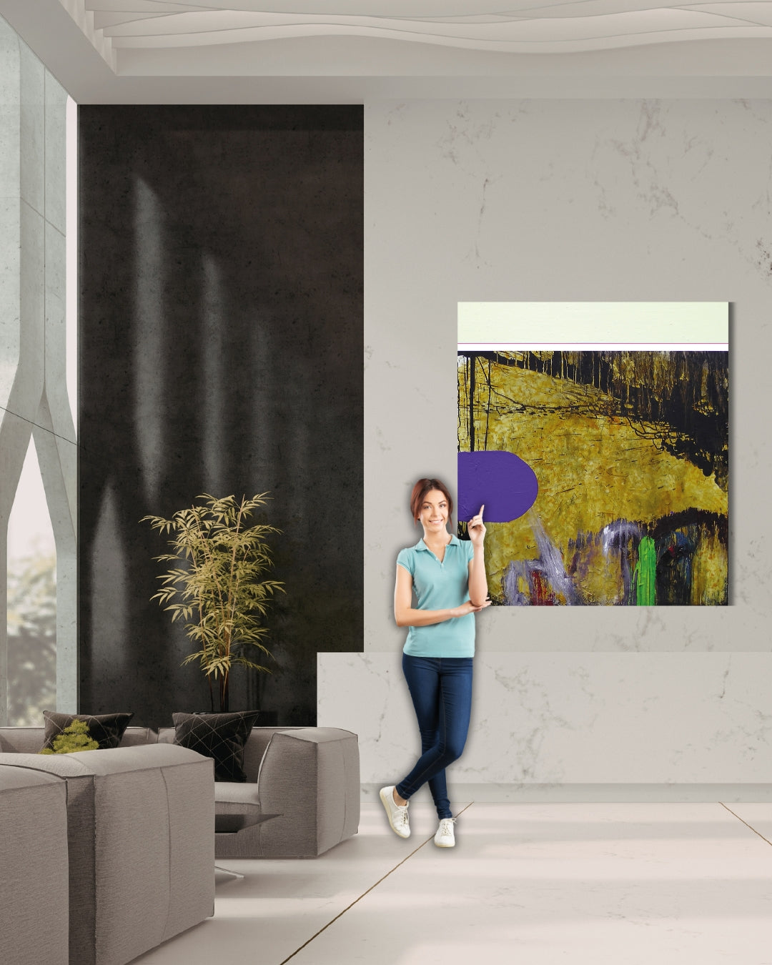 MIND RIOT 2 von Jens Joneleit, Mixed‑Media‑Unikat auf Leinwand 120 × 100 cm; oben helle, glatt gefasste Zone mit violettem Trennstrich, darunter reich texturiertes Feld in Gold‑Ocker und Schwarz; links kompakter, violetter Formkörper; unten gestische Farbbahnen in Grün, Grau und Rot | ARTSPACER