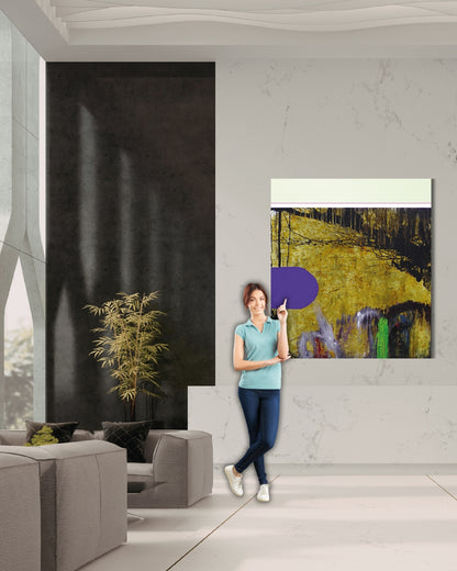 MIND RIOT 2 von Jens Joneleit, Mixed‑Media‑Unikat auf Leinwand 120 × 100 cm; oben helle, glatt gefasste Zone mit violettem Trennstrich, darunter reich texturiertes Feld in Gold‑Ocker und Schwarz; links kompakter, violetter Formkörper; unten gestische Farbbahnen in Grün, Grau und Rot | ARTSPACER