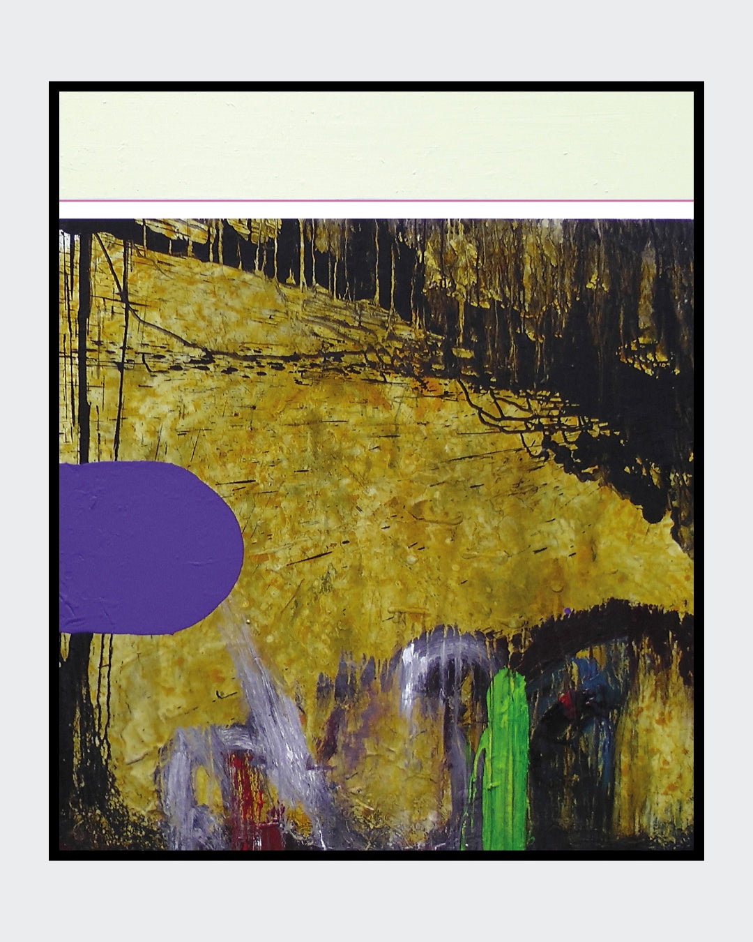 MIND RIOT 2 von Jens Joneleit, Mixed‑Media‑Unikat auf Leinwand 120 × 100 cm; oben helle, glatt gefasste Zone mit violettem Trennstrich, darunter reich texturiertes Feld in Gold‑Ocker und Schwarz; links kompakter, violetter Formkörper; unten gestische Farbbahnen in Grün, Grau und Rot | ARTSPACER