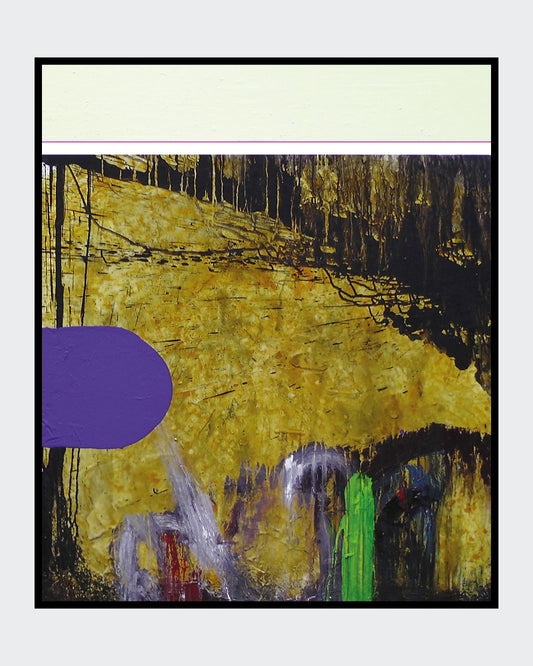 MIND RIOT 2 von Jens Joneleit, Mixed‑Media‑Unikat auf Leinwand 120 × 100 cm; oben helle, glatt gefasste Zone mit violettem Trennstrich, darunter reich texturiertes Feld in Gold‑Ocker und Schwarz; links kompakter, violetter Formkörper; unten gestische Farbbahnen in Grün, Grau und Rot | ARTSPACER