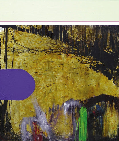 MIND RIOT 2 von Jens Joneleit, Mixed‑Media‑Unikat auf Leinwand 120 × 100 cm; oben helle, glatt gefasste Zone mit violettem Trennstrich, darunter reich texturiertes Feld in Gold‑Ocker und Schwarz; links kompakter, violetter Formkörper; unten gestische Farbbahnen in Grün, Grau und Rot | ARTSPACER